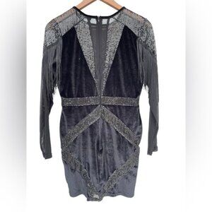Boohoo Womens Velvet Fringe Mini Dress Black US 8 Sequined Long Sleeve Pre-Owned